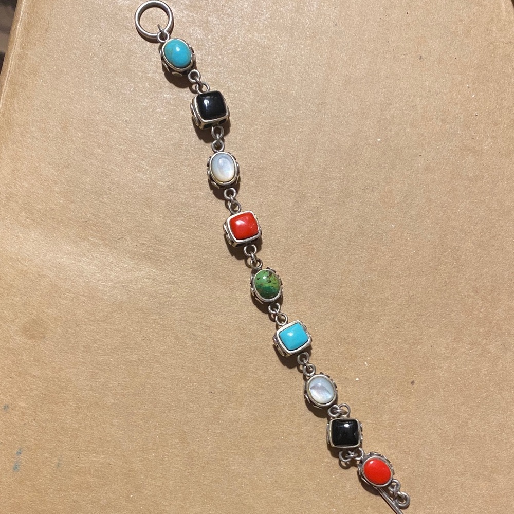 Multicolor vintage Stone Sterling silver Link Bracelet - 7 inches Excellent
